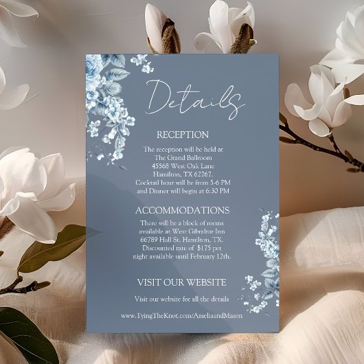 Elegant Dusty Blue Floral Details Wedding Informatiekaartje