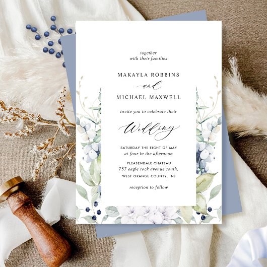 Elegant Dusty Blue Floral en Greenery Wedding Kaart