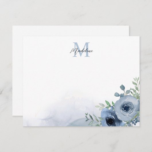 Elegant Dusty Blue Floral Eucalyptus Monogram Notitiekaartje (Voorkant / Achterkant)