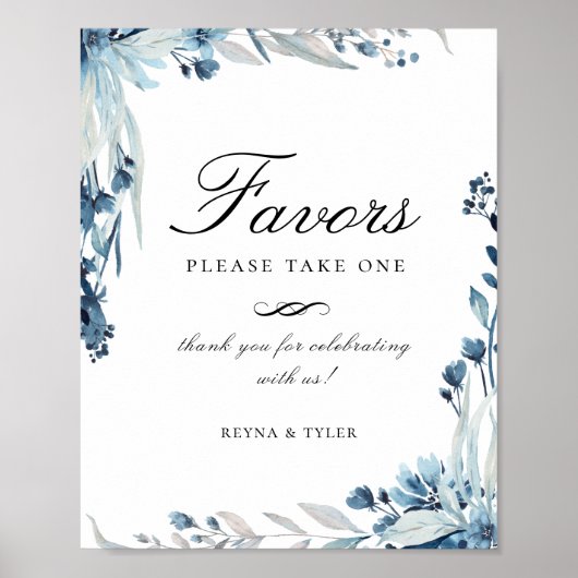 Elegant Dusty Blue Floral Favor Wedding Sign Poster (Voorkant)