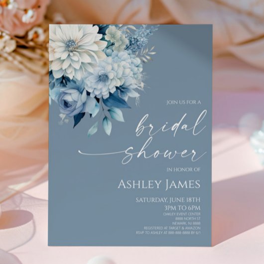 Elegant Dusty Blue Floral Flowers Bridal Shower Kaart