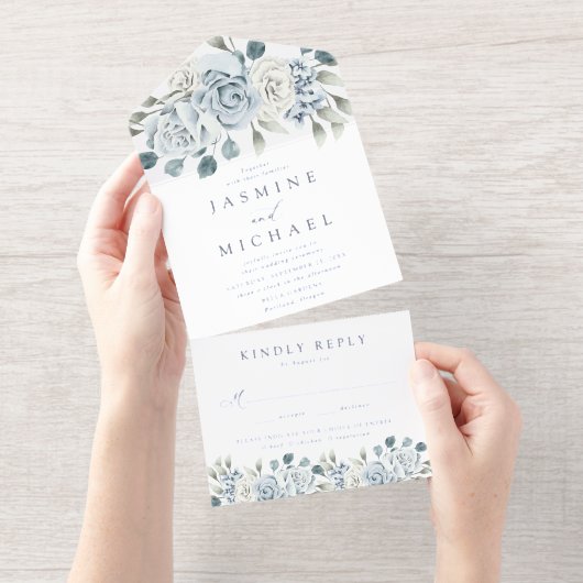 Elegant Dusty Blue Floral Foil Wedding All In One Uitnodiging (Uittrekbaar)