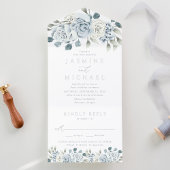 Elegant Dusty Blue Floral Foil Wedding All In One Uitnodiging