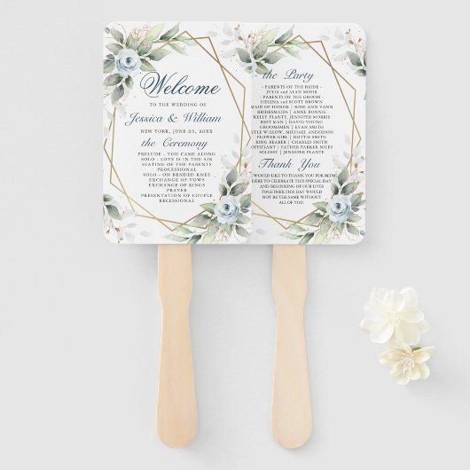 Elegant Dusty Blue Floral Foliage Trouwprogramma Handwaaier (Voorkant en achterkant)