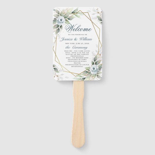 Elegant Dusty Blue Floral Foliage Trouwprogramma Handwaaier (Voorkant)