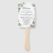 Elegant Dusty Blue Floral Foliage Trouwprogramma Handwaaier (Voorkant)