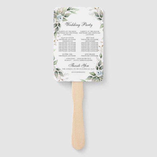 Elegant Dusty Blue Floral Foliage Trouwprogramma Handwaaier (Achterkant)
