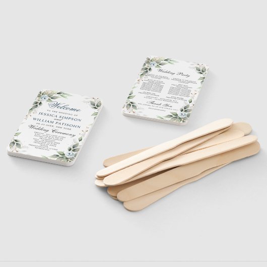 Elegant Dusty Blue Floral Foliage Trouwprogramma Handwaaier (Niet-gemonteerd)