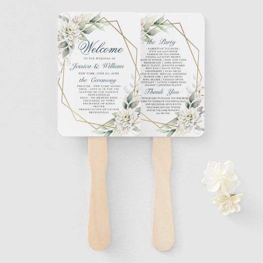 Elegant Dusty Blue Floral Foliage Trouwprogramma Handwaaier (Voorkant en achterkant)