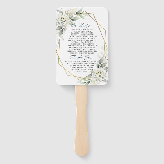 Elegant Dusty Blue Floral Foliage Trouwprogramma Handwaaier (Achterkant)