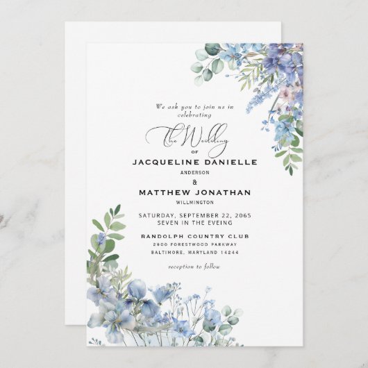 Elegant Dusty Blue Floral Foliage Wedding Kaart (Voorkant / Achterkant)