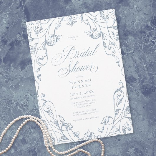 Elegant Dusty Blue Floral Frame Bridal Shower Kaart
