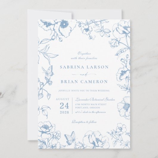 Elegant Dusty Blue Floral Garden QR Code Wedding Kaart (Voorkant)