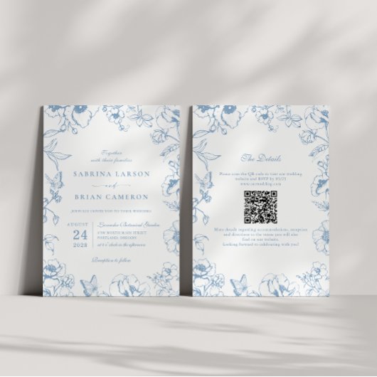 Elegant Dusty Blue Floral Garden QR Code Wedding Kaart