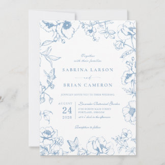 Elegant Dusty Blue Floral Garden Wedding Photo Kaart