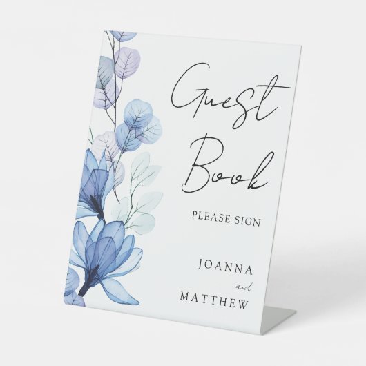 Elegant Dusty Blue Floral gastenboek Reclamebord Met Voetstuk (Voorkant)