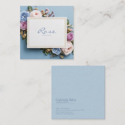 Elegant Dusty Blue Floral Gold Frame Rose Garden Vierkante Visitekaartje (Voorkant / Achterkant)