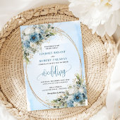 Elegant Dusty Blue Floral Gold Frame Wedding  Kaart