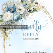 Elegant Dusty Blue Floral Gold Frame Wedding RSVP