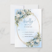 Elegant Dusty Blue Floral Gold Frame Wedding RSVP (Voorkant)