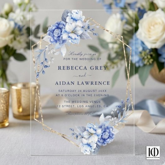 Elegant Dusty Blue Floral Gold Geometric Wedding Acryl Uitnodigingen
