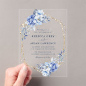 Elegant Dusty Blue Floral Gold Geometric Wedding Acryl Uitnodigingen (Insitu (Draagbaar))
