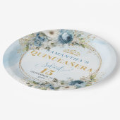 Elegant Dusty Blue Floral Gold Quinceañera Plates Papieren Bordje (Gekanteld)