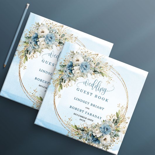 Elegant Dusty Blue Floral Gold Wedding Guest Book Gastenboek