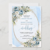 Elegant Dusty Blue Floral Gold Wedding Invitation Kaart (Voorkant)