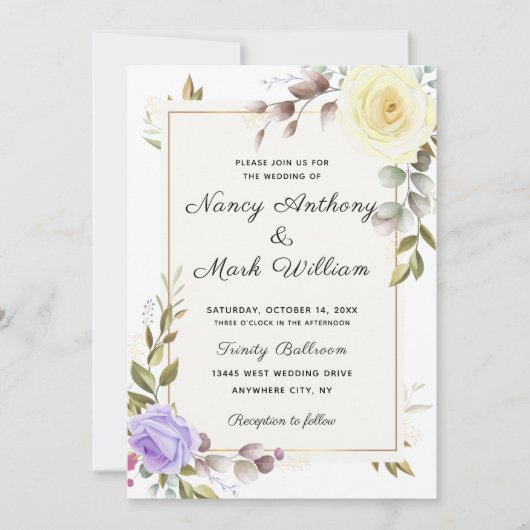 Elegant dusty blue floral Golden lijst bruiloft Kaart (Voorkant)