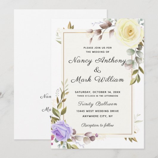 Elegant dusty blue floral Golden lijst bruiloft Kaart (Voorkant / Achterkant)