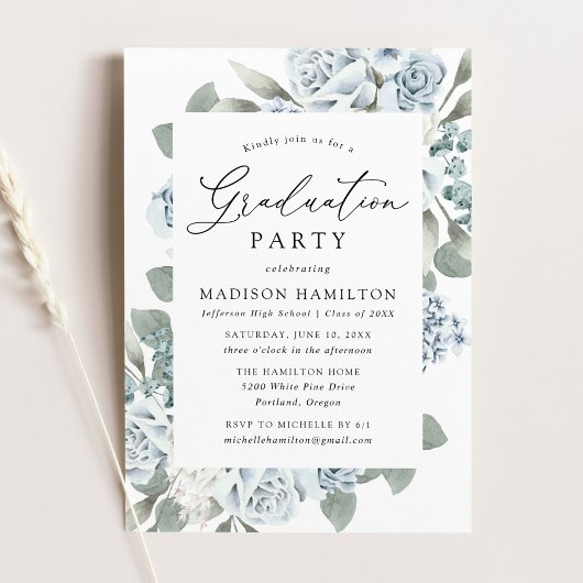 Elegant Dusty Blue Floral Graduation Party Kaart