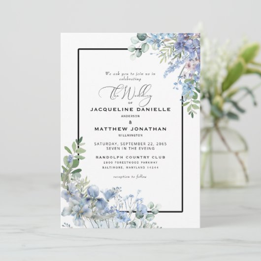 Elegant Dusty Blue Floral Greenery Wedding Kaart (Staand voorkant)