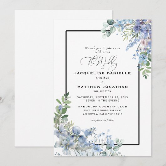 Elegant Dusty Blue Floral Greenery Wedding Kaart (Voorkant / Achterkant)