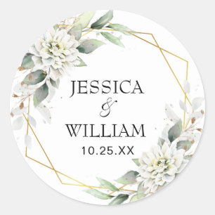 Elegant Dusty Blue Floral Greenery Wedding Ronde Sticker