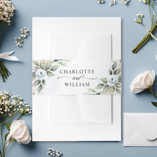 Elegant Dusty Blue Floral Greenery Wedding Uitnodigingen Wikkel