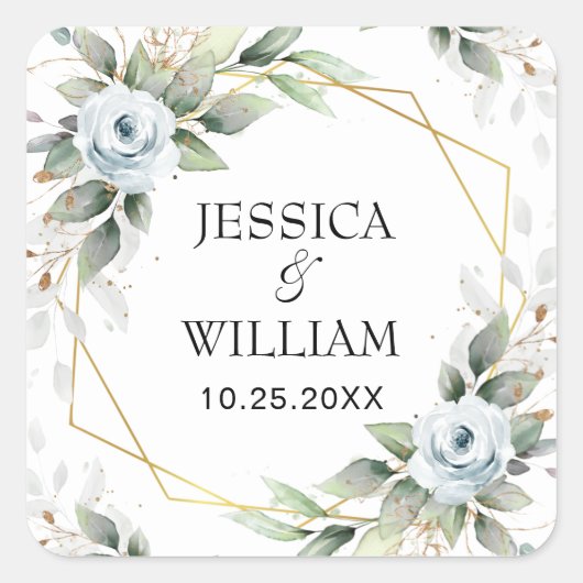 Elegant Dusty Blue Floral Greenery Wedding Vierkante Sticker (Voorkant)