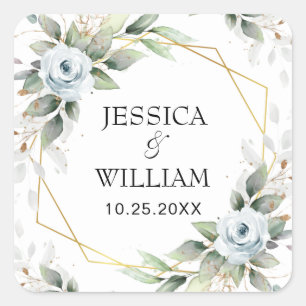 Elegant Dusty Blue Floral Greenery Wedding Vierkante Sticker