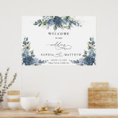 Elegant Dusty Blue Floral Horizontal Wedding Poster (Keuken)