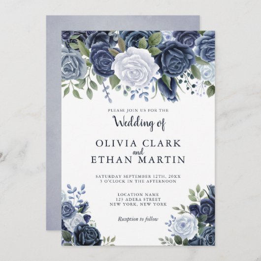 Elegant Dusty Blue Floral Kaart (Voorkant / Achterkant)