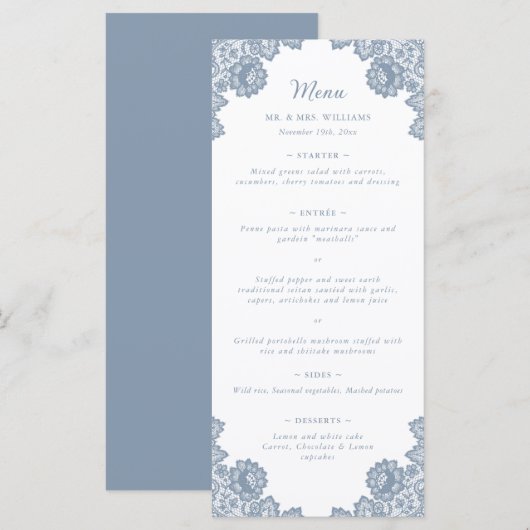Elegant Dusty Blue Floral Lace Wedding Menu (Voorkant / Achterkant)