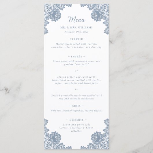 Elegant Dusty Blue Floral Lace Wedding Menu (Voorkant)