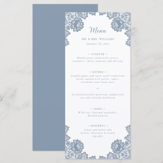 Elegant Dusty Blue Floral Lace Wedding Menu (Voorkant / Achterkant)