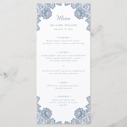 Elegant Dusty Blue Floral Lace Wedding Menu (Voorkant)