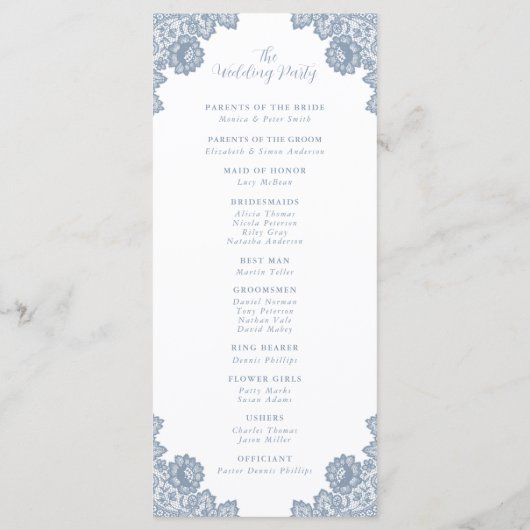 Elegant Dusty Blue Floral Lace Wedding Programmakaart (Achterkant)