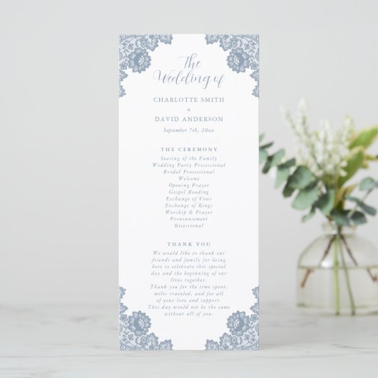 Elegant Dusty Blue Floral Lace Wedding Programmakaart (Staand voorkant)