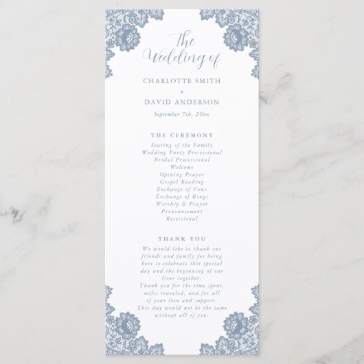 Elegant Dusty Blue Floral Lace Wedding Programmakaart (Voorkant)