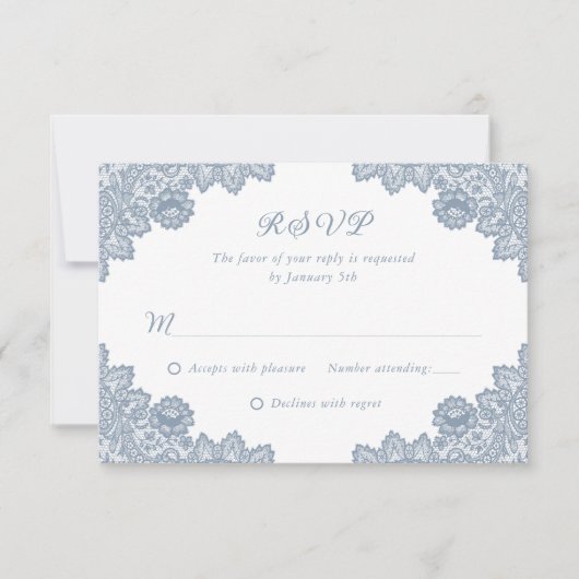 Elegant Dusty Blue Floral Lace Wedding RSVP (Voorkant)