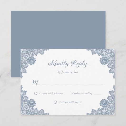 Elegant Dusty Blue Floral Lace Wedding RSVP Kaartje (Voorkant / Achterkant)