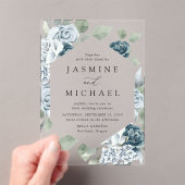 Elegant Dusty Blue Floral Lijst Wedding Acryl Uitnodigingen (Insitu (Draagbaar))